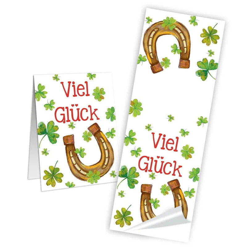 Logbuch-Verlag 10 Aufkleber 5 x 14,8 cm VIEL GLÜCK weiß mit grünen Kleeblättern + Hufeisen - Glücksaufkleber Geschenkaufkleber Banderolen Verpackung