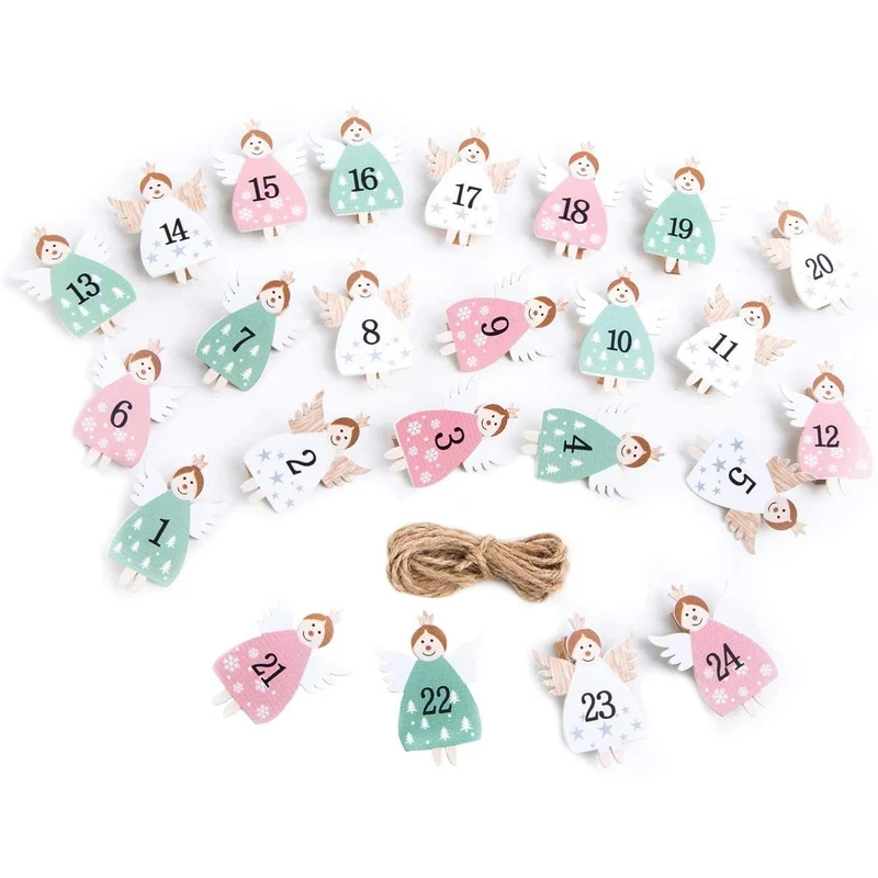 Adventskalender Zahlen 1-24 Klammern - kleine Engel rosa weiß grün Holzklammern + Schnur