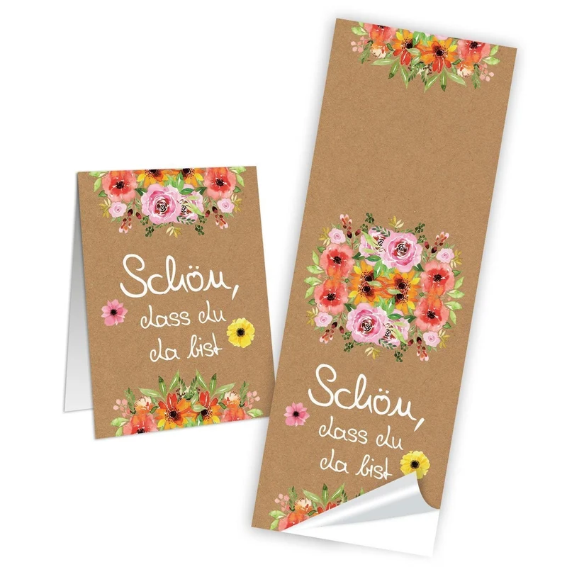Logbuch-Verlag 10 Lange SCHÖN DASS DU DA BIST Kraftpapier Blumen Sticker Aufkleber Hochzeit Deko 5 x 14,8 cm Banderole Kommunion Firmung Taufe Hochzeit Tischdeko Verpackung Geburtstag Mitbringsel