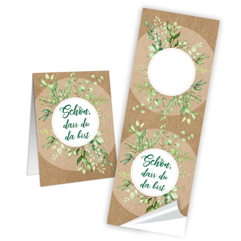 Logbuch-Verlag 10 SCHÖN DASS DU DA BIST Kraftpapier braun weiß grün hellgrün Blätter Aufkleber 5 x 14,8 cm Banderole Hochzeit Tischdeko Verpackung Tischkarte Natur Creme-Farben