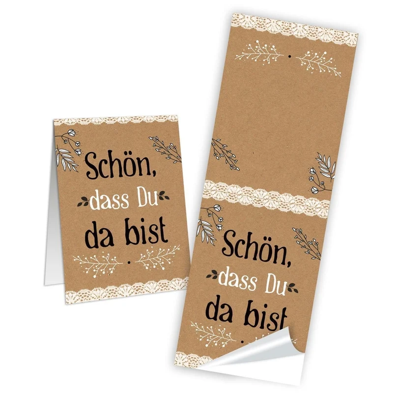 Logbuch-Verlag 10 SCHÖN DASS DU DA BIST Kraftpapier Spitze Aufkleber 5 x 14,8 cm Banderole Text schwarz Natur braun weiß Vintage Verpackung give-Away Tischkarte Gastgeschenk