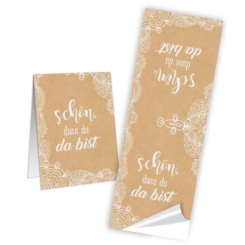 10 Aufkleber 5 x 14,8 cm SCHÖN DASS DU DA BIST beige natur weiß creme-farben hell-braun SPITZE Verpackung Hochzeit Gastgeschenk Fest give-away Kommunion Taufe vintage Tischkarten basteln Banderole