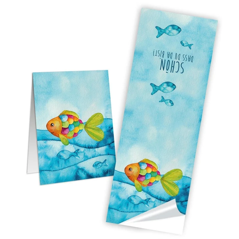 10 Stück lange SCHÖN DASS DU DA BIST blau türkise Fische Aufkleber 5 x 14,8 cm Banderolen Regenbogenfisch für Kommunion Firmung Taufe Kinder Tischdeko Verpackung - Sticker zum Geburtstag