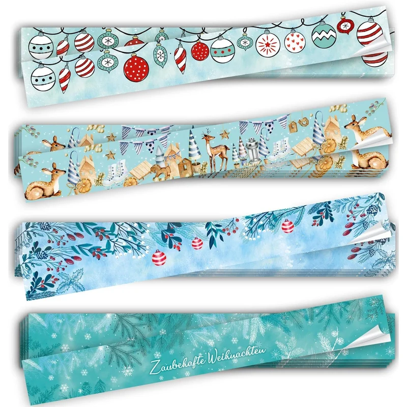 XXL Weihnachtsaufkleber Set - 4 x 10 weihnachtliche Geschenkaufkleber 5 x 42 cm blau türkis für Schachteln