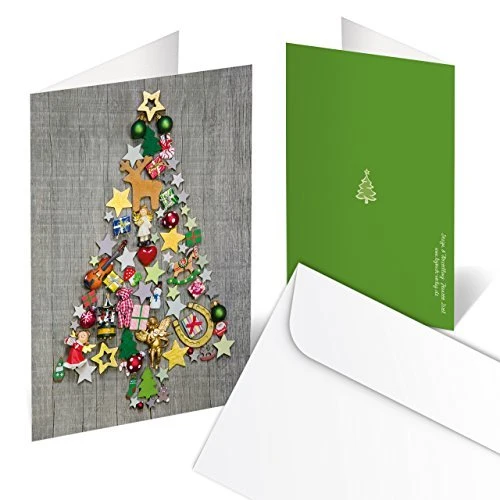 Weihnachtskarten DIN A6 hoch Klappkarten grau mit buntem Weihnachtsbaum rot grün & Umschläge 10 Stück