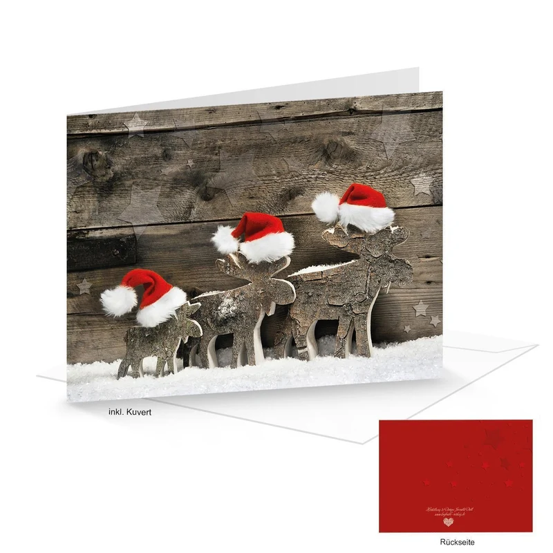 Kuverts + Weihnachtskarten DIN A6 quer Klappkarten Holz-Optik mit Rentier-Motiv rot weiß 10 Stück