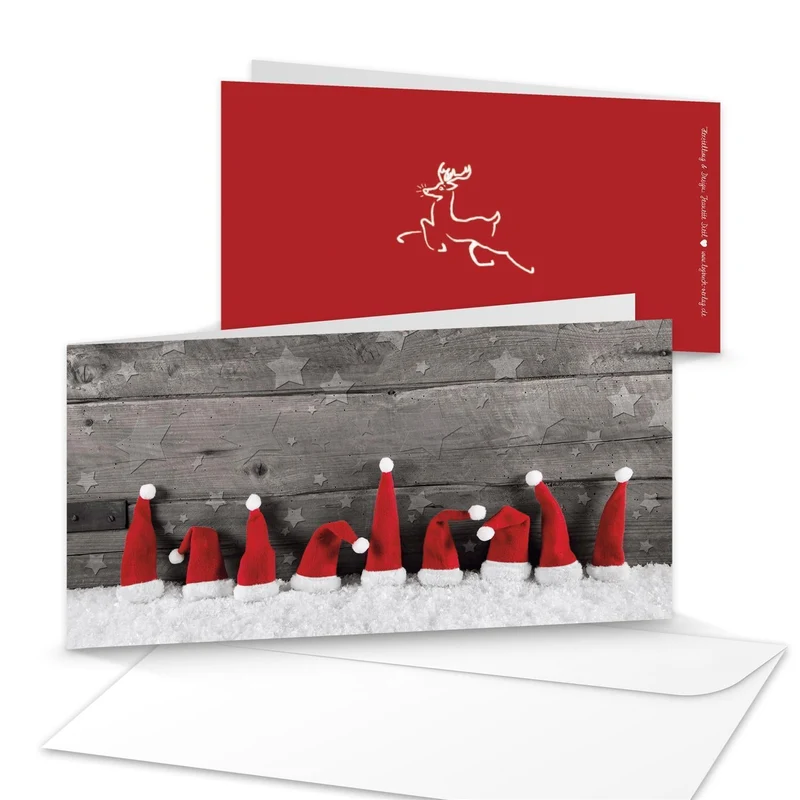 Umschläge + Weihnachtskarten DIN lang Klappkarten Holz-Optik mit Zipfelmützen-Motiv rot weiß 10 Stück