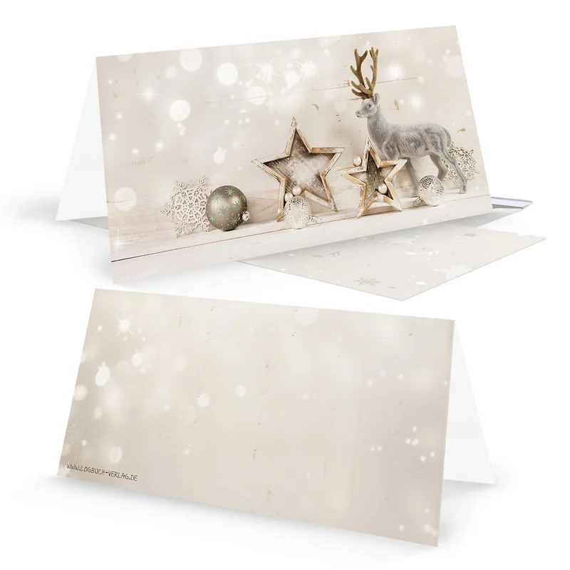 Weihnachtskarten DIN lang Klappkarten beige silber mit Hirsch-Motiv Shabby Chic & Briefumschläge 10 Stück