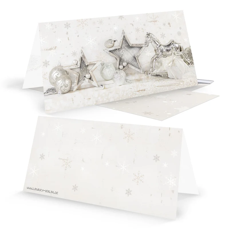 Weihnachtskarten DIN lang Klappkarten beige silber mit Schaukelpferd und Stern-Motiv Shabby Chic + Briefumschläge 10 Stück
