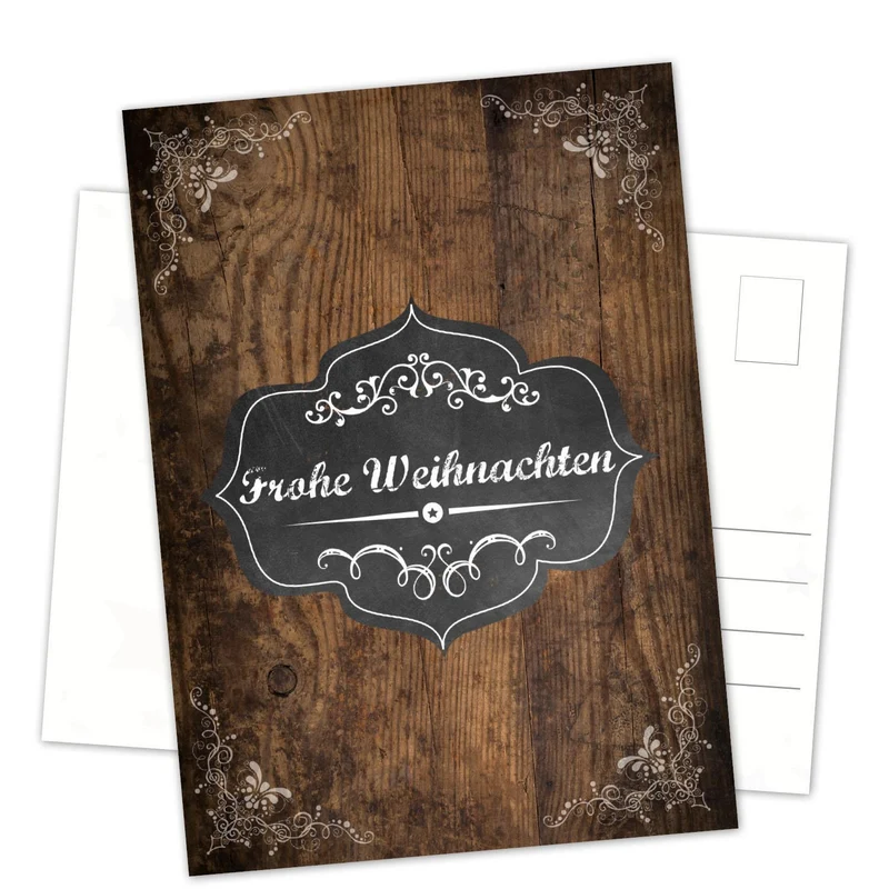 Postkarten Weihnachten DIN A6 hoch Holzoptik dunkelbraun und Text Frohe Weihnachten 10 Stück