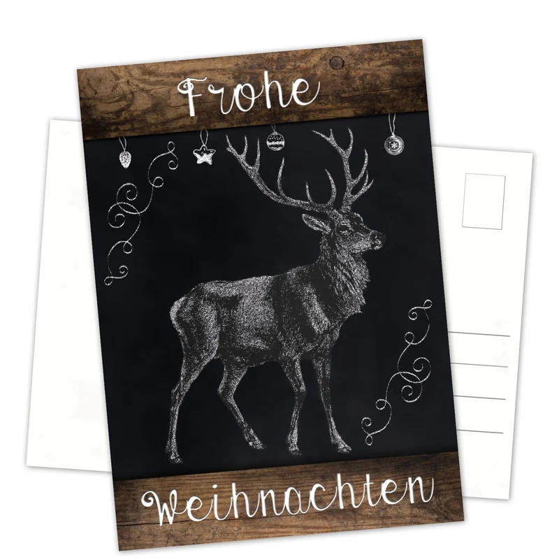 Postkarten Weihnachten DIN A6 hoch Tafelkreide-Optik schwarz weiß mit Holzoptik und Hirsch-Motiv 10 Stück