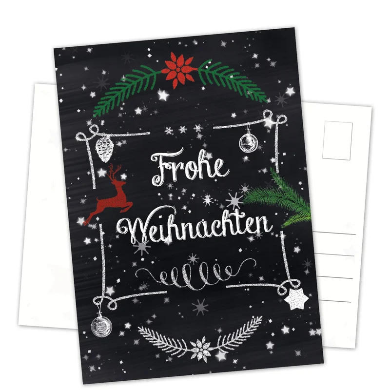Postkarten Weihnachten DIN A6 hoch Tafelkreide-Optik schwarz weiß mit Weihnachtsmotiven und Text Frohe Weihnachten 10 Stück