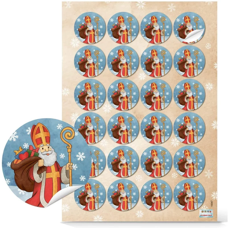 Logbuch-Verlag 96 selbstklebende Aufkleber HEILIGER NIKOLAUS - rund 4 cm blau rot gold - Nikolausaufkleber Geschenk Verpackung verzieren für Kinder