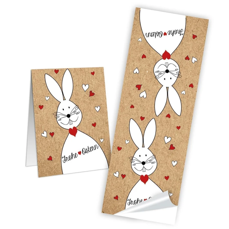 10 weiß rot schwarz weiße Osteraufkleber 5 x 15 cm Text FROHE OSTERN Osterhase Herzen in rot - selbstklebende Etiketten Kraftpapier für Ostertüten Aufkleber Verzieren von Verpackung u. Osternest