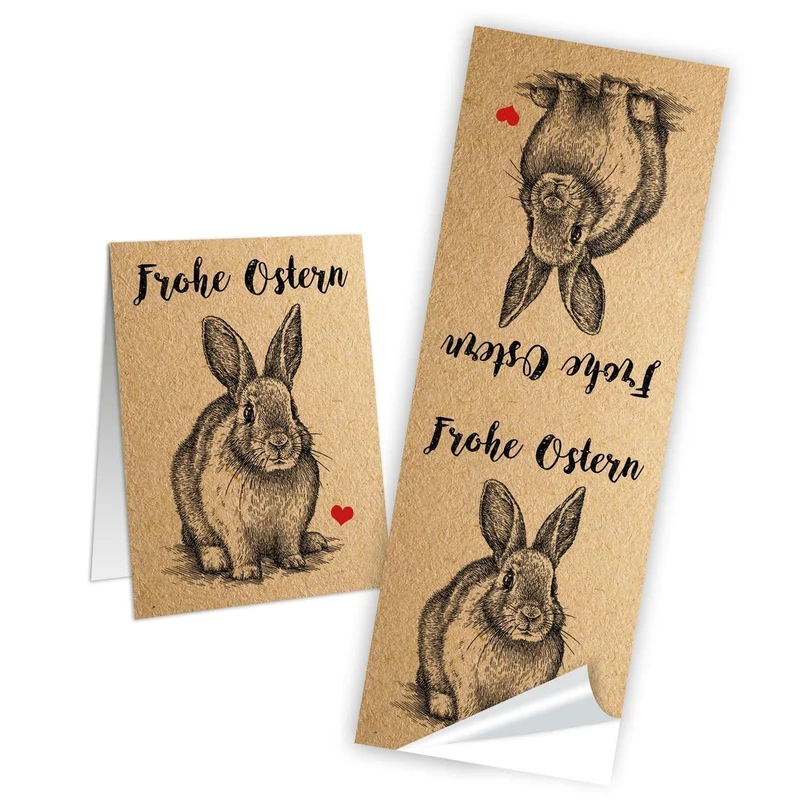 10 schwarz braune vintage Osteraufkleber 5 x 15 cm Text FROHE OSTERN Osterhase mit Herz rot - selbstklebende Etiketten Kraftpapier für Ostertüten Aufkleber Verzieren von Verpackung u. Osternest