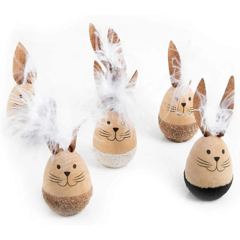 6 kleine Osterhasen Figuren aus Holz - 10 x 3,5 cm - natur weiß braun - Ostergeschenk Deko