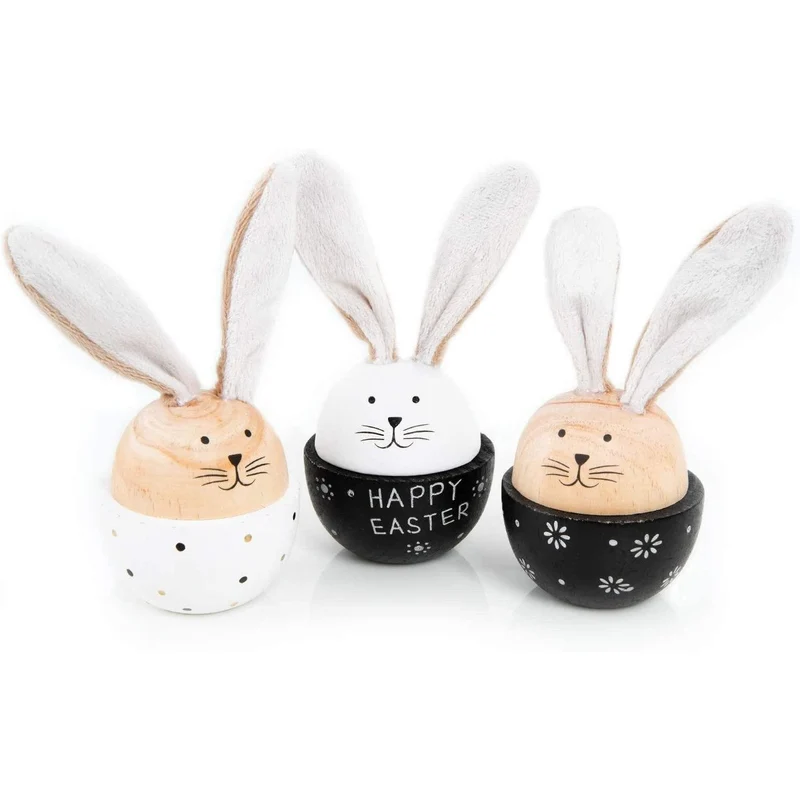 3 Osterhasen Figuren Happy Easter aus Holz + Stoff gold weiß schwarz - zum Hinstellen & Verschenken