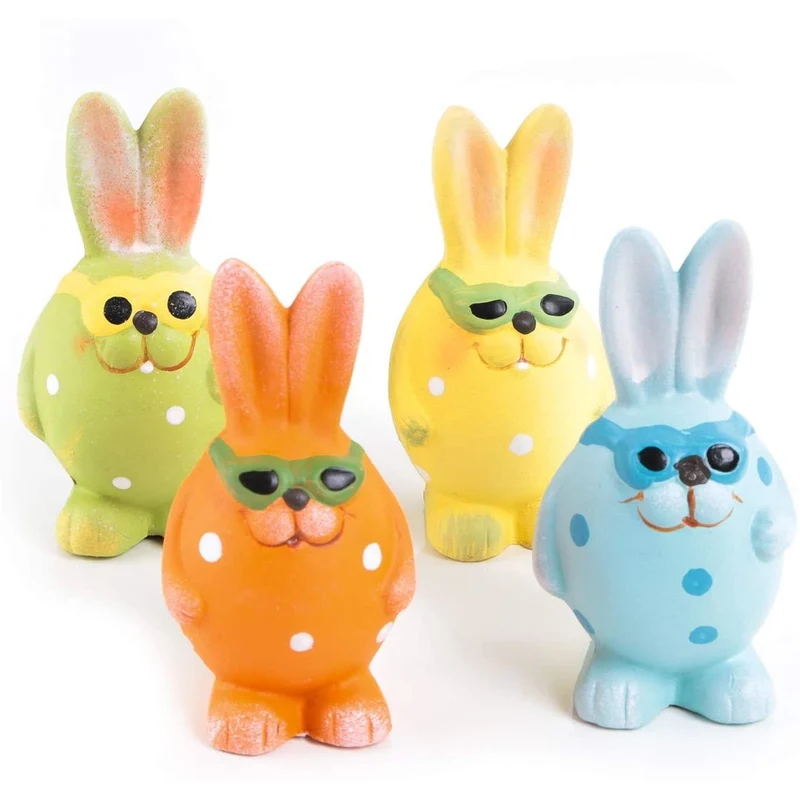 4 kleine Osterhasen Figuren aus Keramik - 10 cm bunt