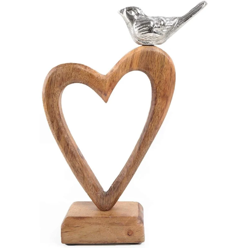 Braunes Herz aus Holz mit silbernem Vogel - 22 cm - Dekoherz zum Hinstellen