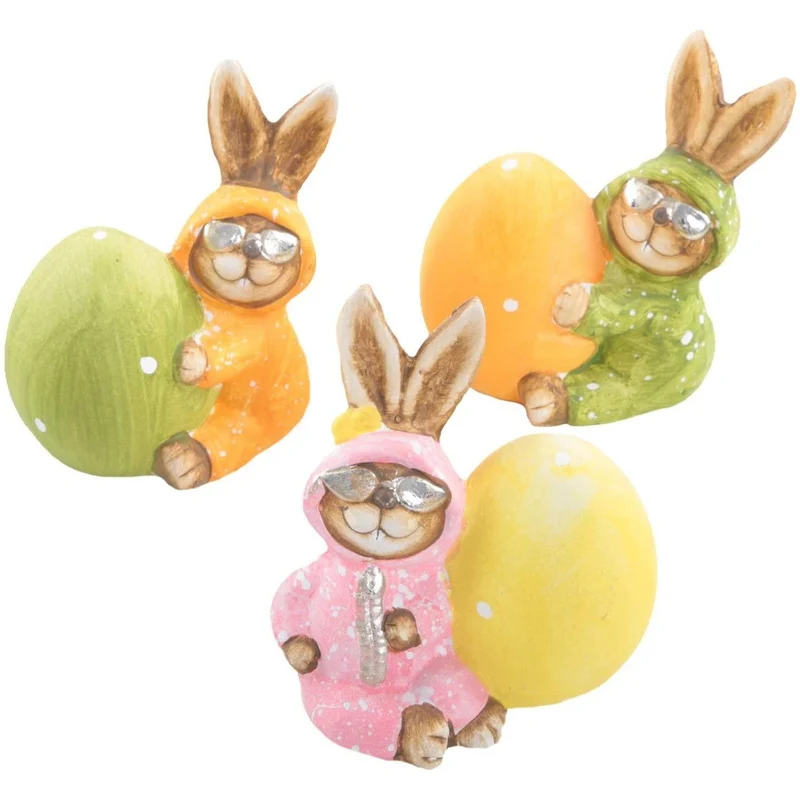 3 kuriose Osterhasen mit Osterei in orange + grün + rosa - 11 cm - aus Keramik