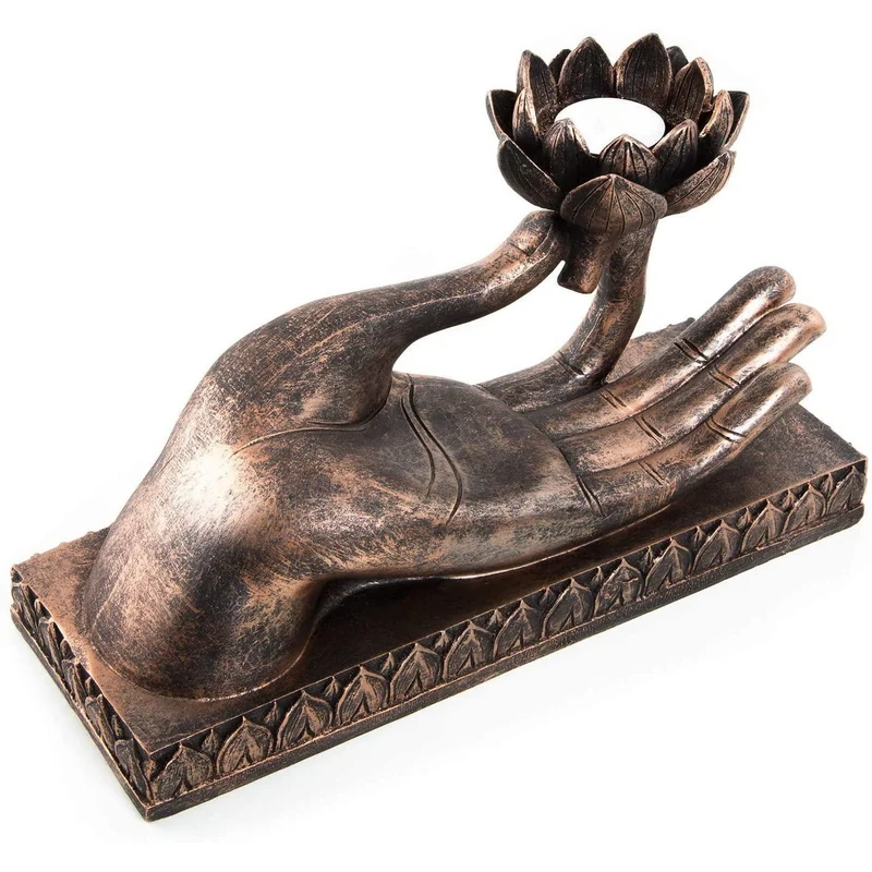 Große Buddha Hand Skulptur als Kerzenhalter Lotusblume bronzefarben - 32 x 18 x 15 cm