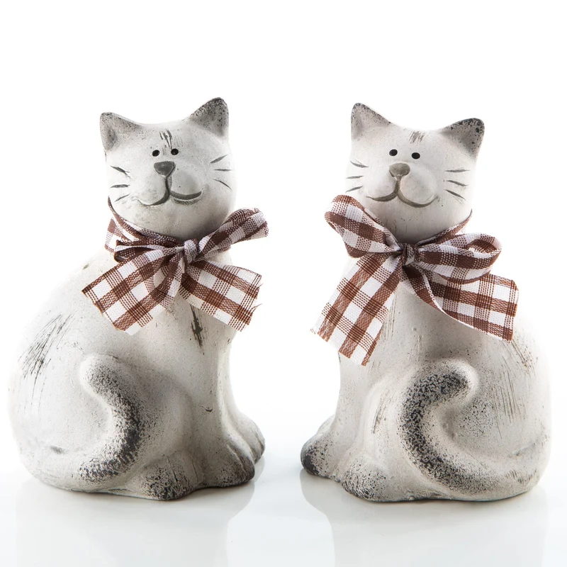 2 kleine Katzen Figuren aus Keramik in beige grau - 11 cm - Deko zum Hinstellen