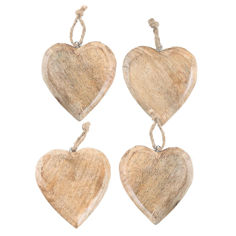 4 große Herzanhänger aus Holz 11 cm braun natur