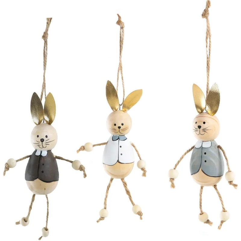 3 lange Osterhasen Anhänger - 14 cm - in dunkelbraun + grau + weiß - zum Aufhängen