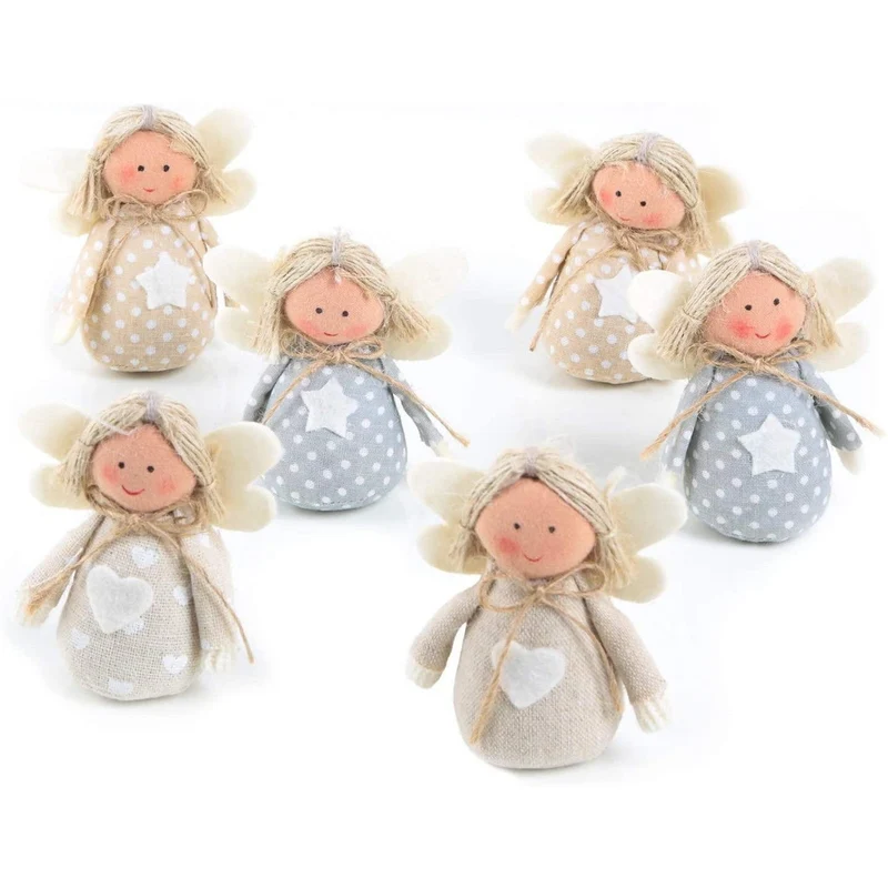 6 kleine Schutzengel Figuren aus Stoff in beige + hellblau - 8 cm - zum Hinstellen