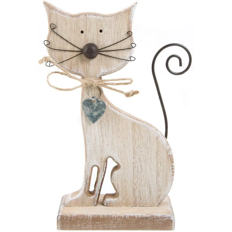 Katzenfigur aus Holz mit Schwanz + Schnurrhaaren auf Sockel in 18 cm braun