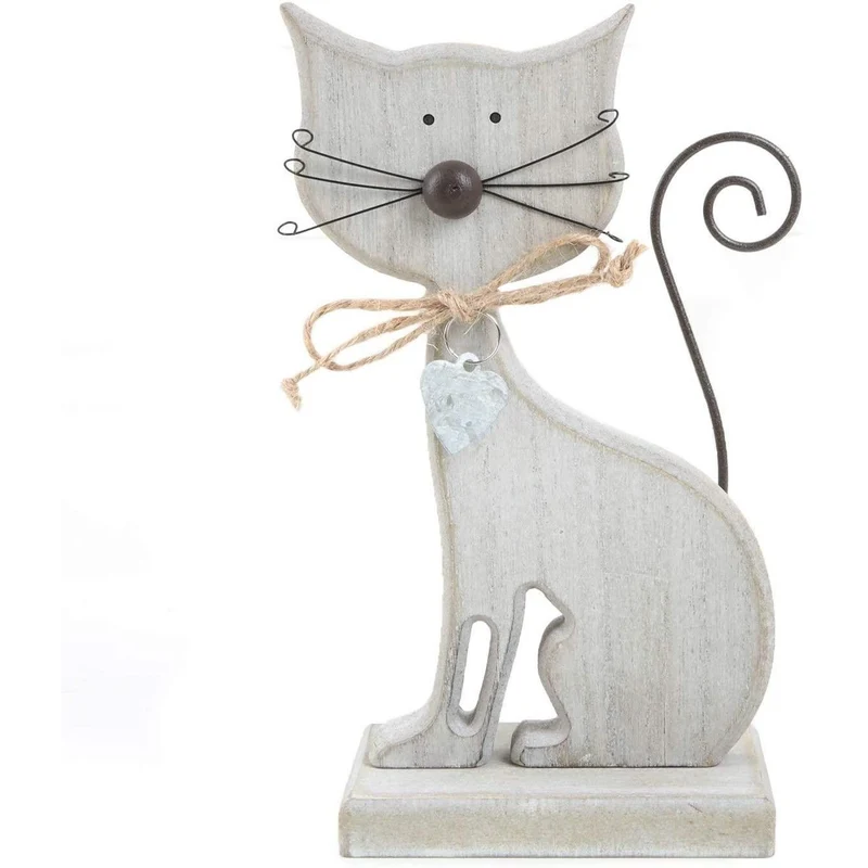 Katze Dekofigur aus Holz - 18 cm - in grau Natur - mit Schwanz und Schnurrhaaren