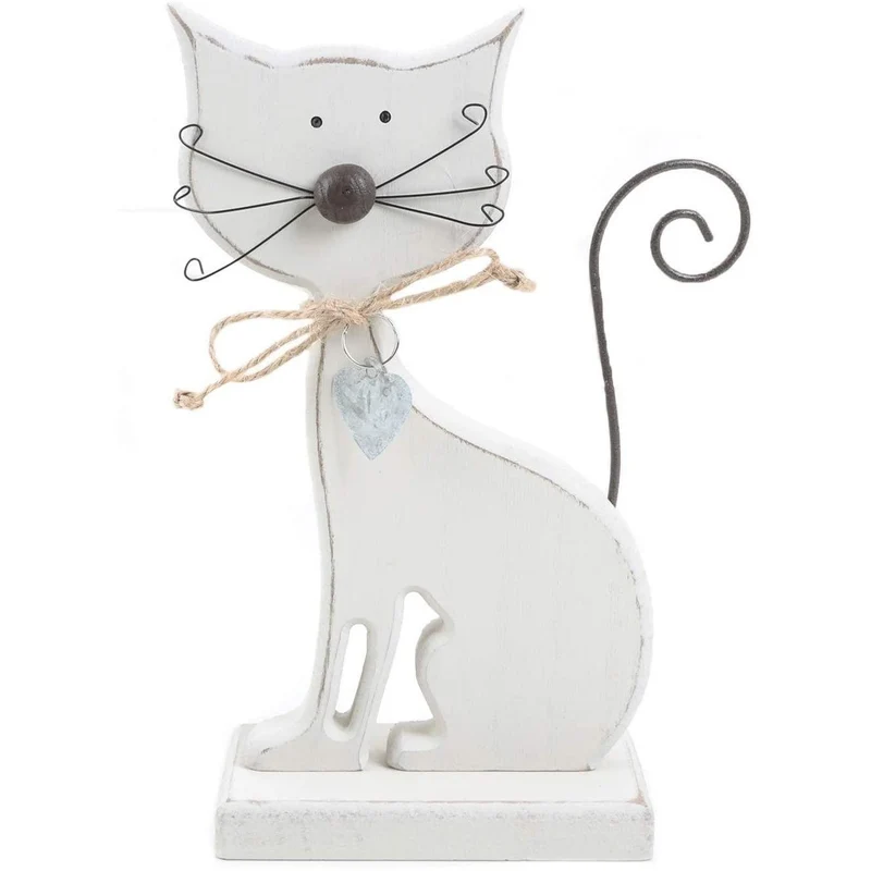Holzkatze in weiß - 18 cm - mit Schnurrhaaren + Schwanz - zum Hinstellen