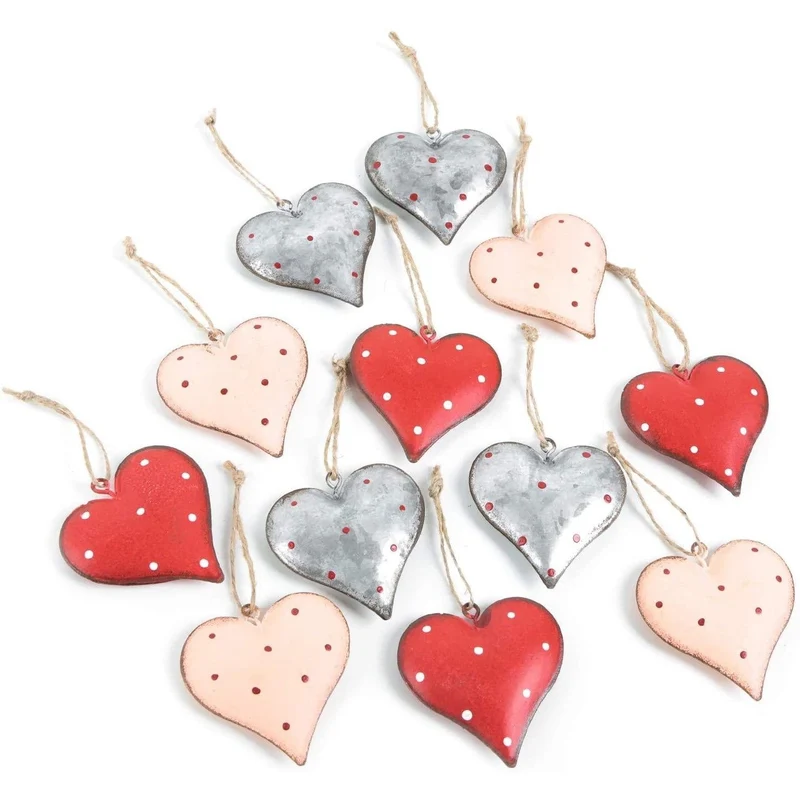 12 Metallherz Anhänger in rot + Silber + beige - 7 cm - mit kleinen Punkten