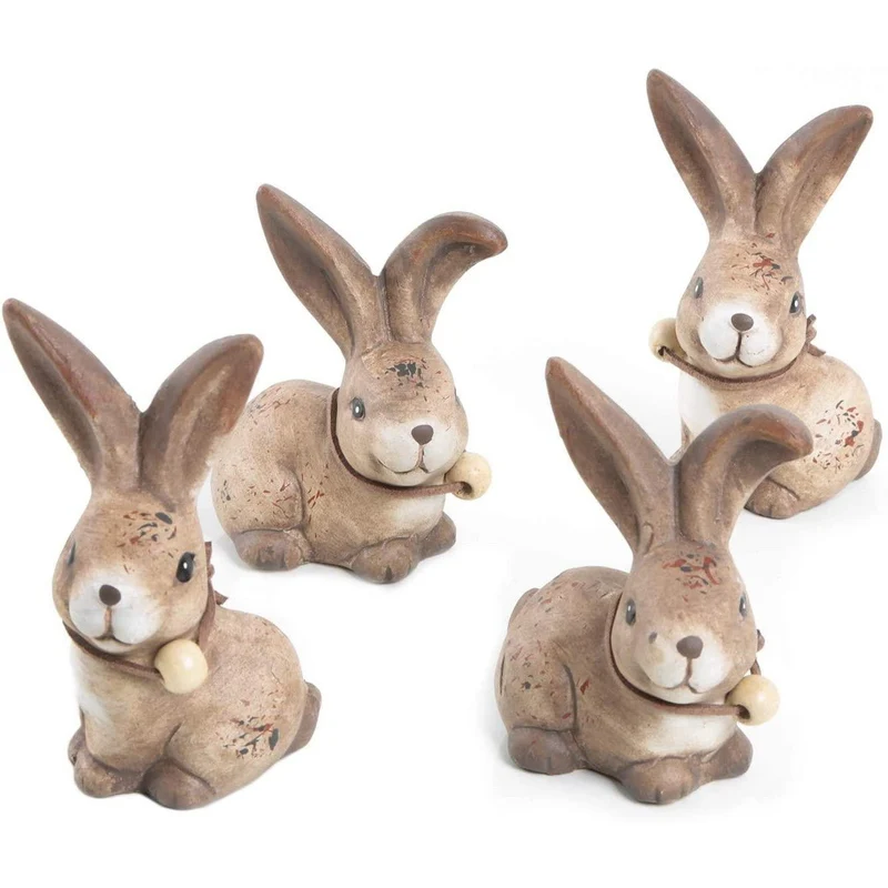 4 Hasen Figuren aus Keramik in braun grau - 8 cm - Osterhasen Dekofiguren zum Hinstellen