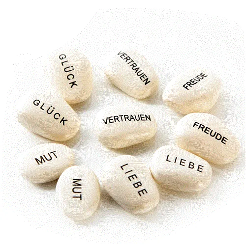 5 x 2 Dekosteine mit Worten Liebe + Glück + Freude + Mut + Vertrauen
