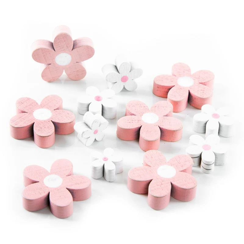 12 Blumen in 3 - 5 cm aus Holz in rosa + lila + weiß - Holzdeko zum Streuen