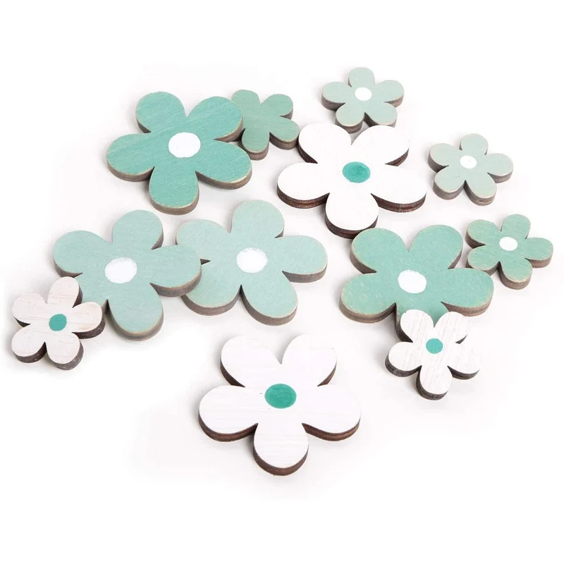 12 kleine Streublumen aus Holz türkis + blau + weiß 3-5 cm - als Streudeko