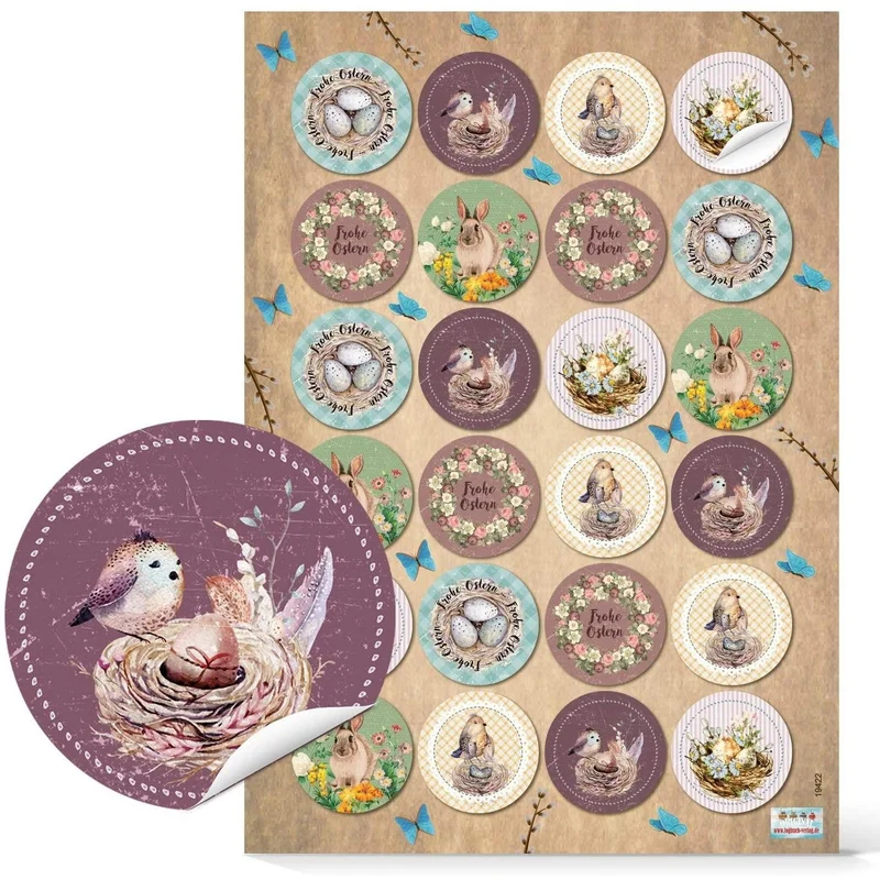 Logbuch-Verlag 24 Osteraufkleber pastell - 4 cm rund selbstklebend - Papieraufkleber Vintage Frohe Ostern Aufkleber rosa blau