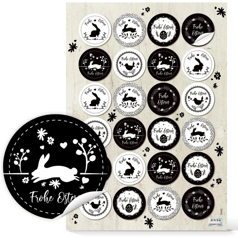 Logbuch-Verlag 24 moderne FROHE OSTERN Aufkleber schwarz weiß 4 cm - Ostersticker rund - Verzierung Ostergeschenke