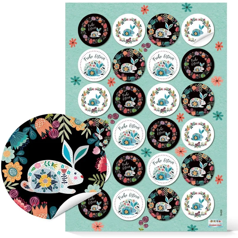 Logbuch-Verlag 24 florale Osteraufkleber schwarz bunt - Osterhasen & Blumen Aufkleber zu Ostern Folklore-Stil Geschenkaufkleber