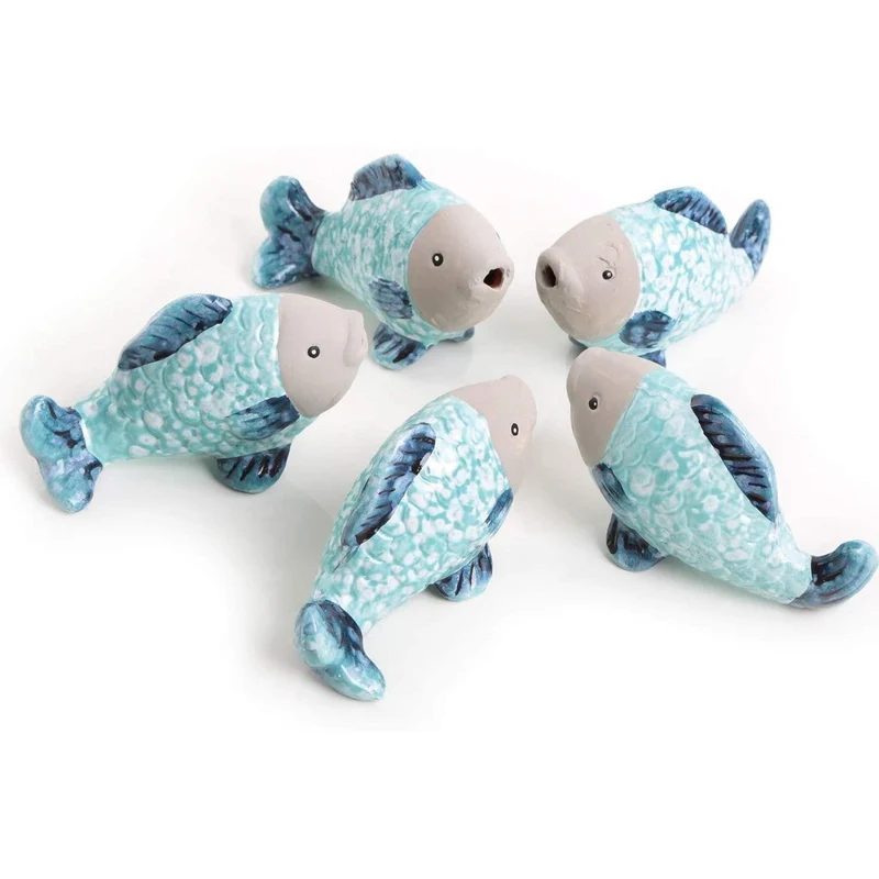 5 kleine Fische Figuren aus Keramik in türkis blau glänzend - 7 cm