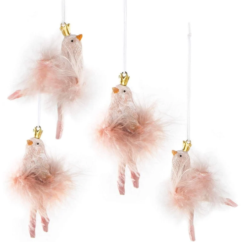 4 Vögel Anhänger rosa mit Goldener Krone - Vogelanhänger mit Plüsch Federn