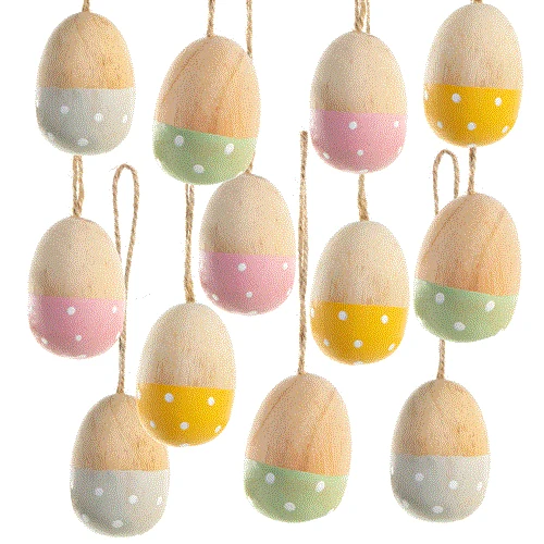 12 Ostereier zum Aufhängen in Natur bunt aus Holz - als Osterdeko Give-Away
