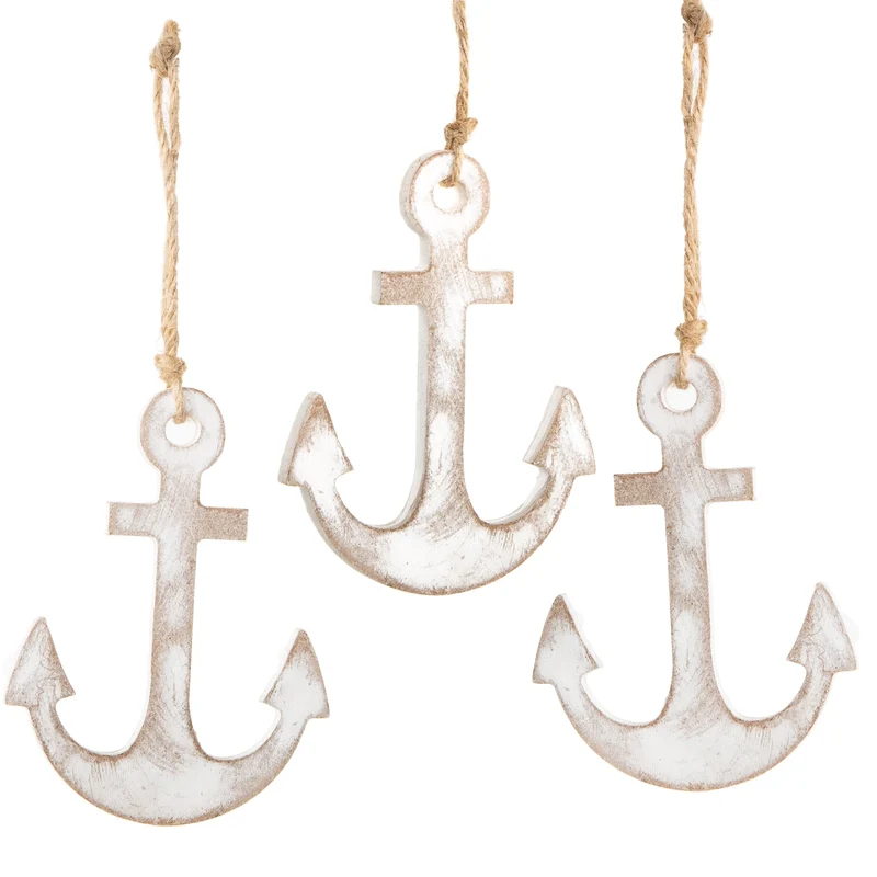 3 Anker aus Holz zum Aufhängen - 16 cm - weiß Shabby chic - als maritime Deko