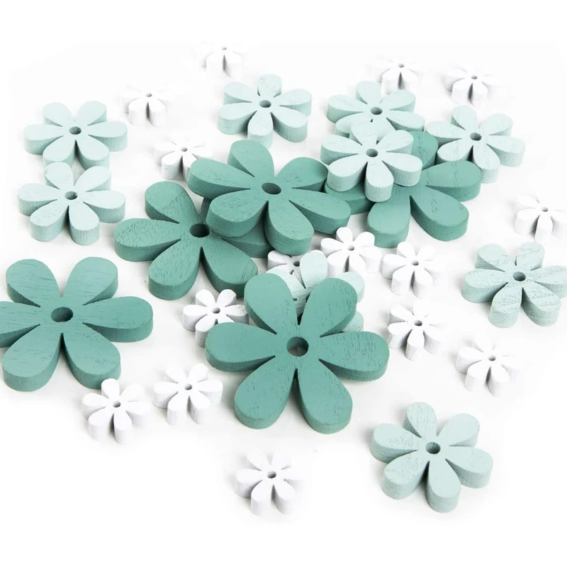 29 kleine Blumen aus Holz 2,5-6,5 cm mintgrün weiß - Streublumen zum Dekorieren
