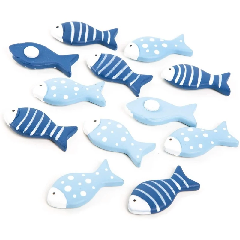 12 kleine Fische mit Klebepunkt - 4 cm - blau weiße maritime Deko zum STreuen