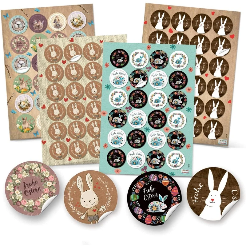 Osteraufkleber Set 4 x 24 Aufkleber 4 cm Frohe Ostern mit Osterhasen - Osterdeko Sticker