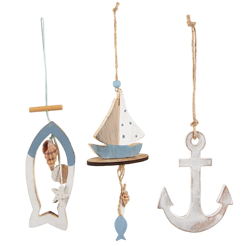 3 maritime Anhänger Anker + Seestern Fisch - zum Aufhängen aus Holz in weiß + grau + blau