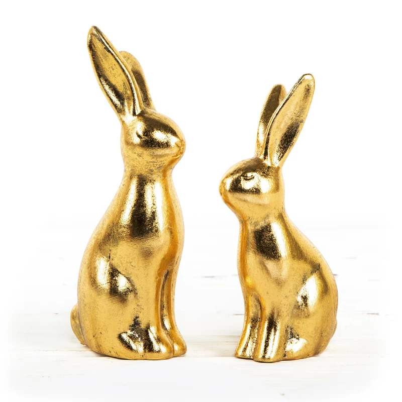 2 Osterhasen Figuren aus Keramik Gold Shabby Vintage - Dekohasen zum Hinstellen