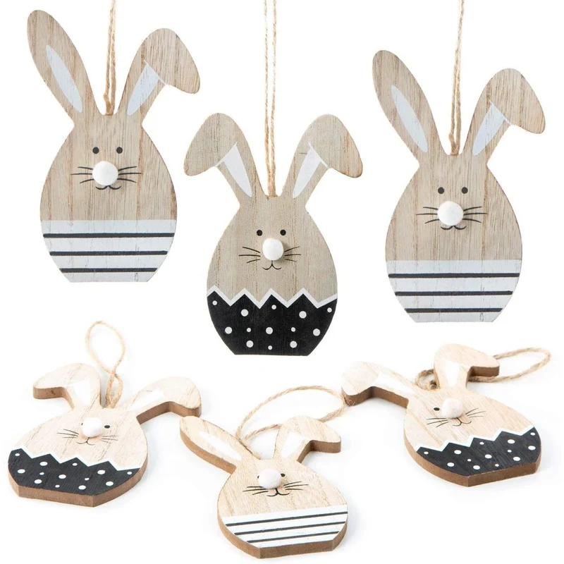 Osterhasen Anhänger Set - 6 Hasen mit Schnur zum Aufhängen in schwarz weiß Natur